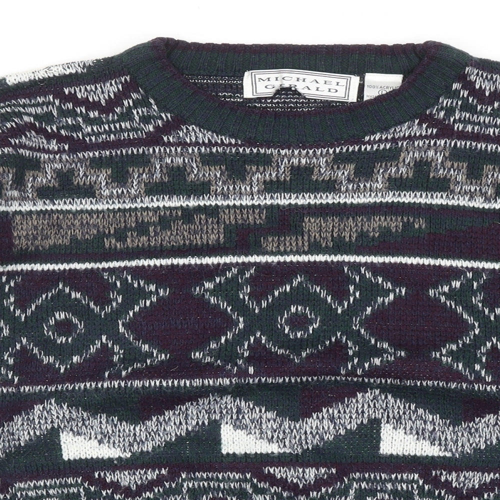 Michael Gerald Mens Multicoloured Round Neck Geometric Acrylic Pullover Jumper Size L