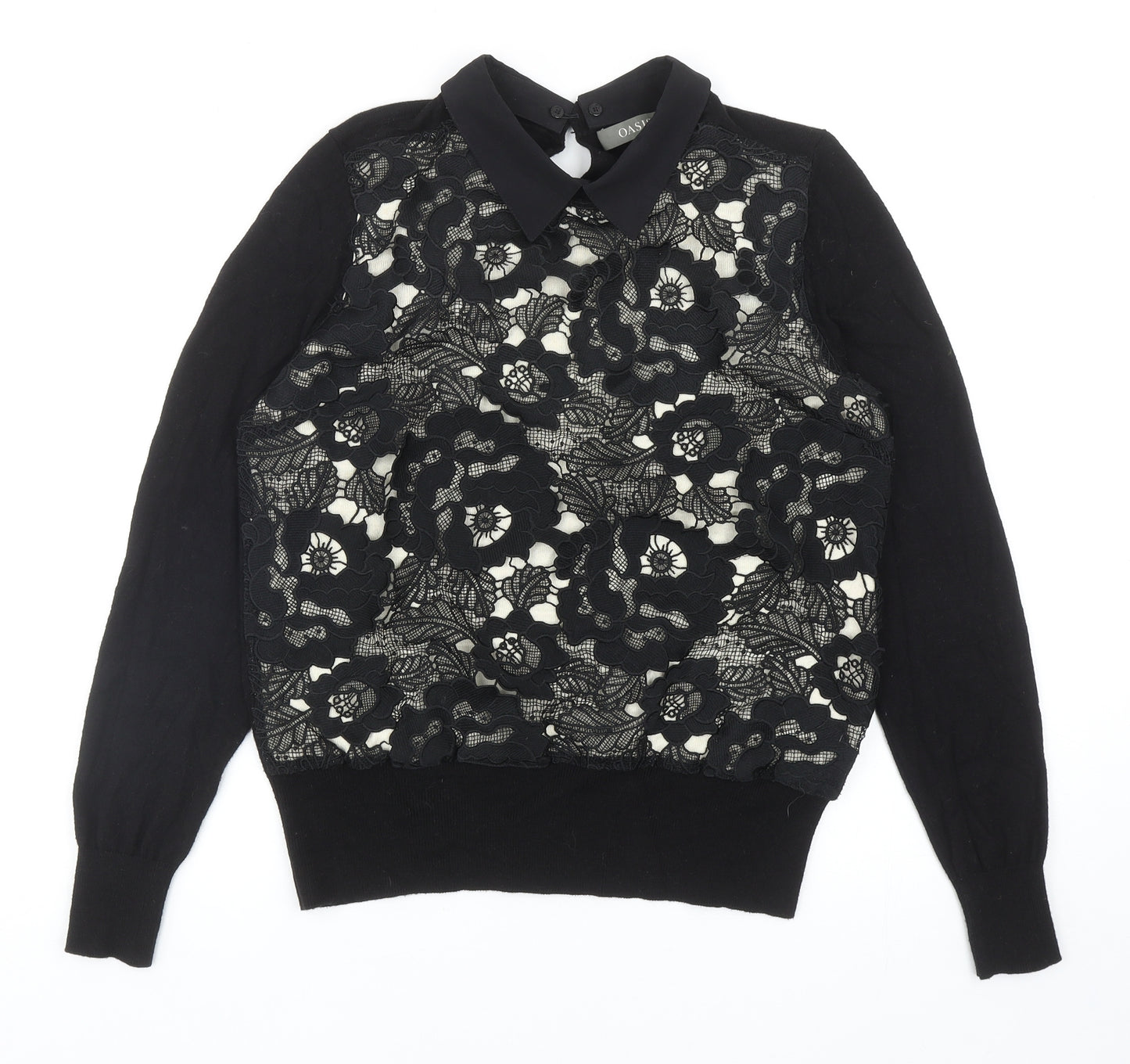 Oasis Womens Black Collared Floral Cotton Pullover Jumper Size M - Lace Detail