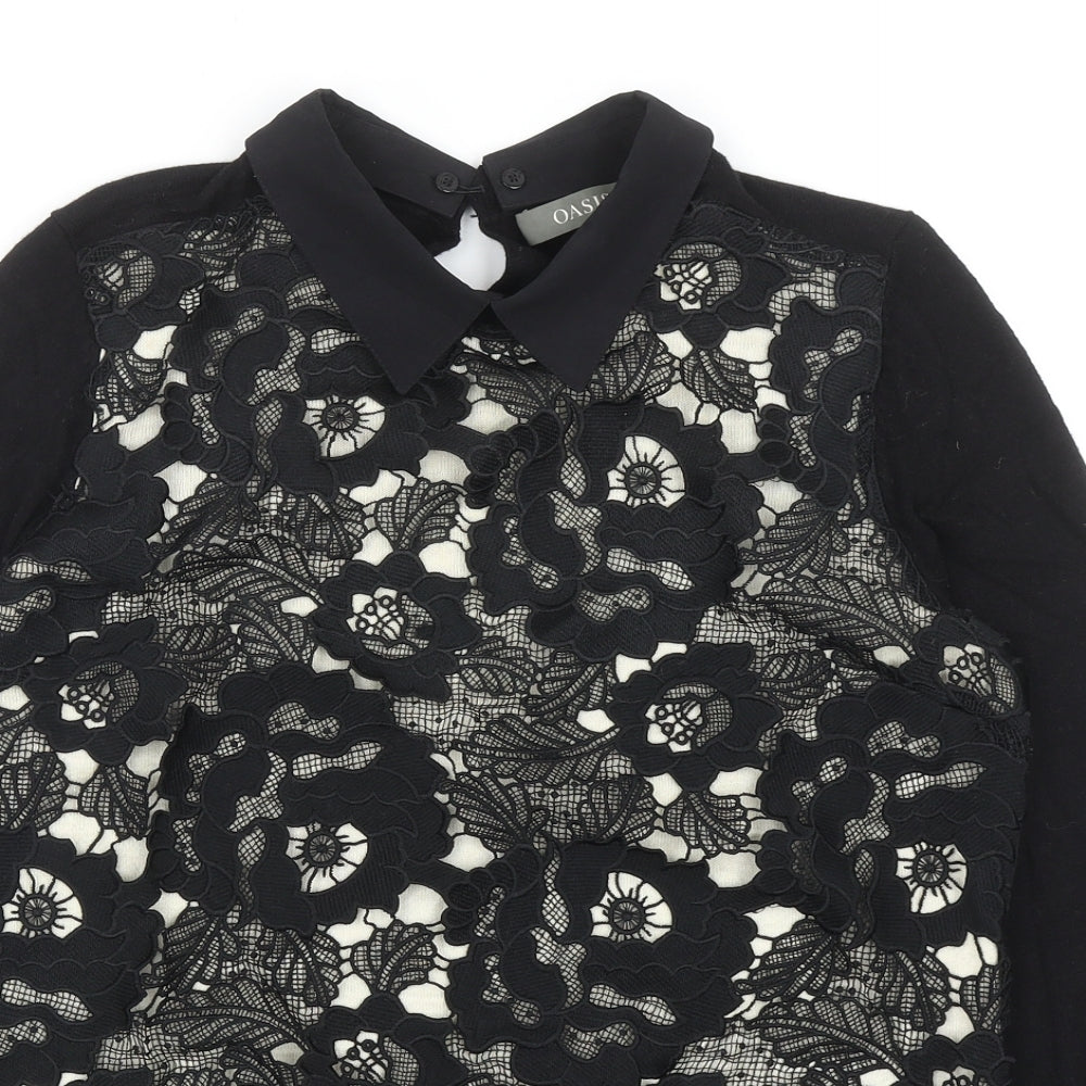 Oasis Womens Black Collared Floral Cotton Pullover Jumper Size M - Lace Detail