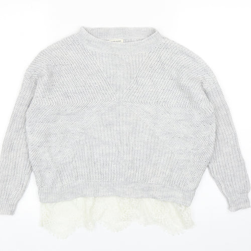 River Island Girls Grey Round Neck Acrylic Pullover Jumper Size 9-10 Years Pullover - Lace Hem