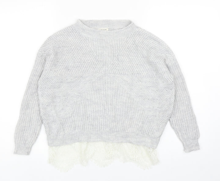 River Island Girls Grey Round Neck Acrylic Pullover Jumper Size 9-10 Years Pullover - Lace Hem