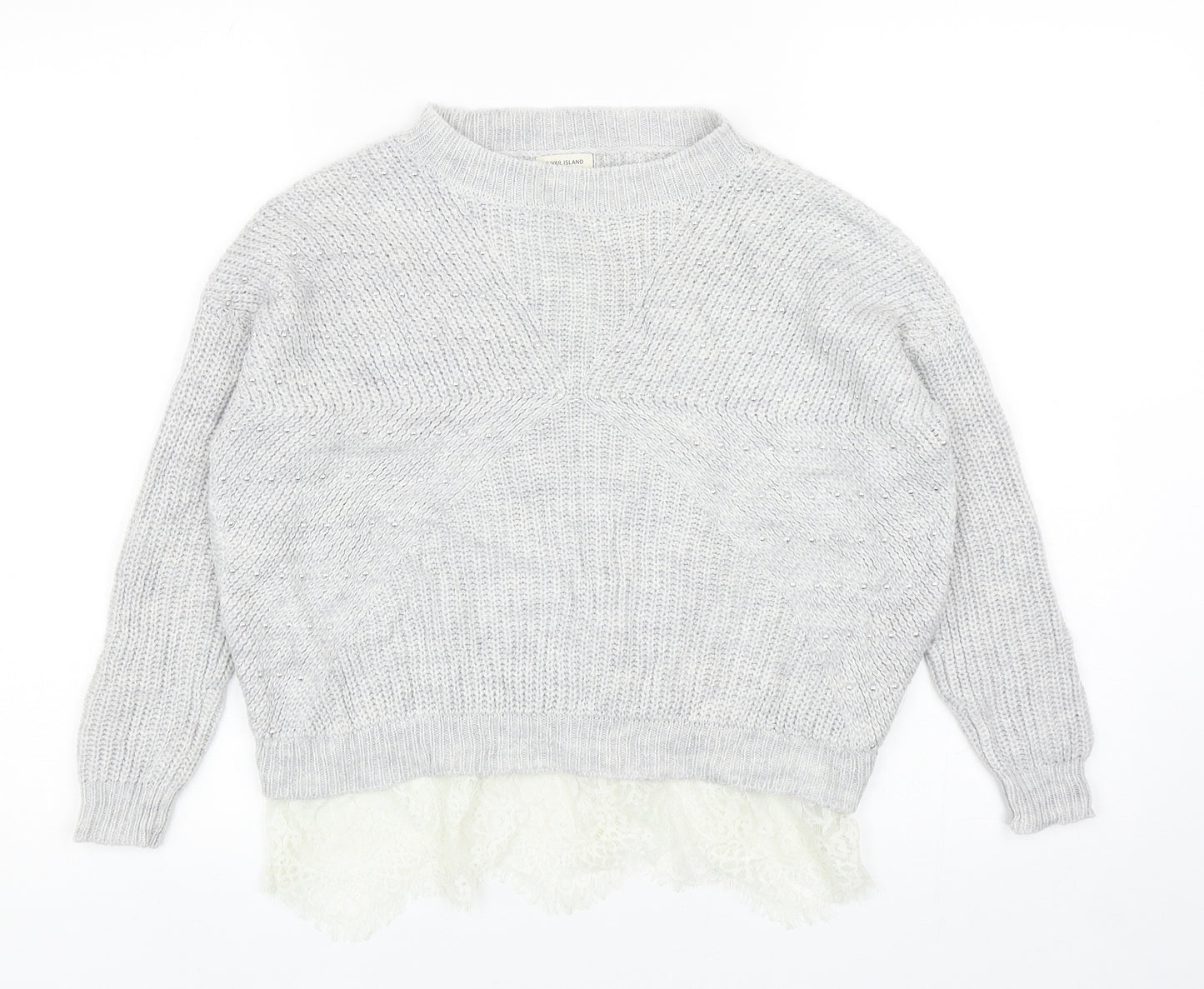 River Island Girls Grey Round Neck Acrylic Pullover Jumper Size 9-10 Years Pullover - Lace Hem