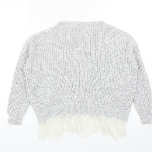 River Island Girls Grey Round Neck Acrylic Pullover Jumper Size 9-10 Years Pullover - Lace Hem