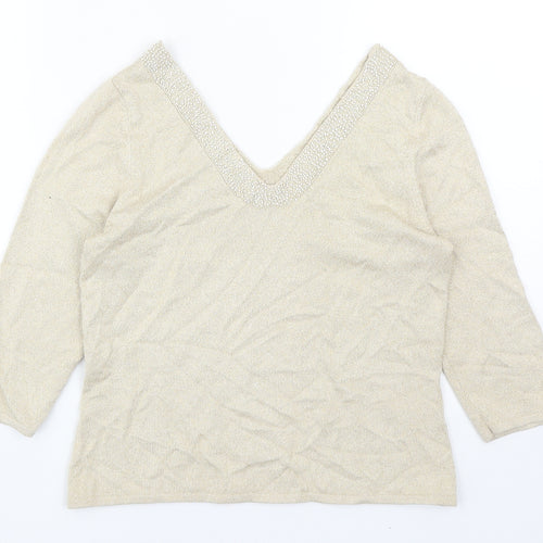 Minuet Womens Beige V-Neck Viscose Pullover Jumper Size 8