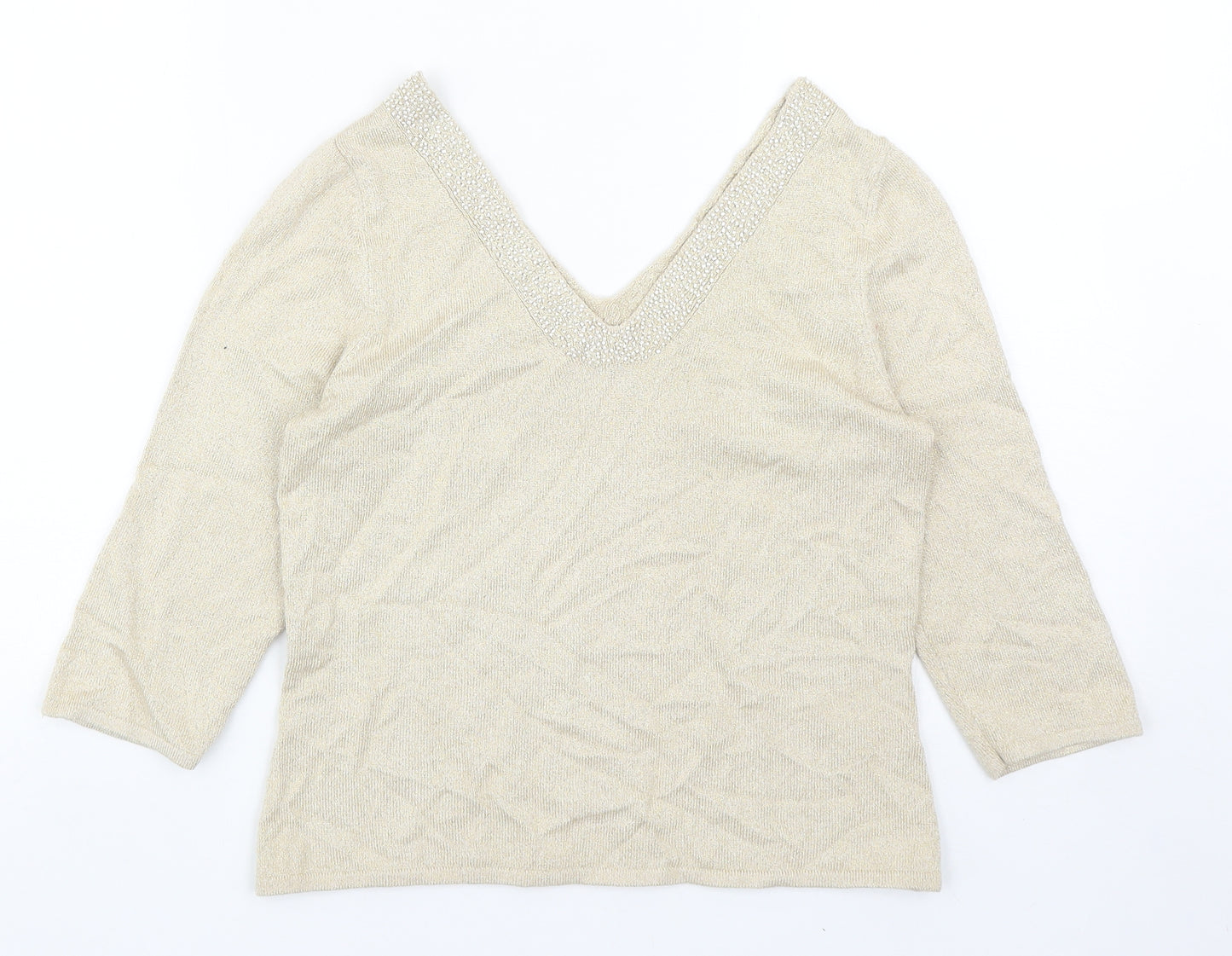Minuet Womens Beige V-Neck Viscose Pullover Jumper Size 8