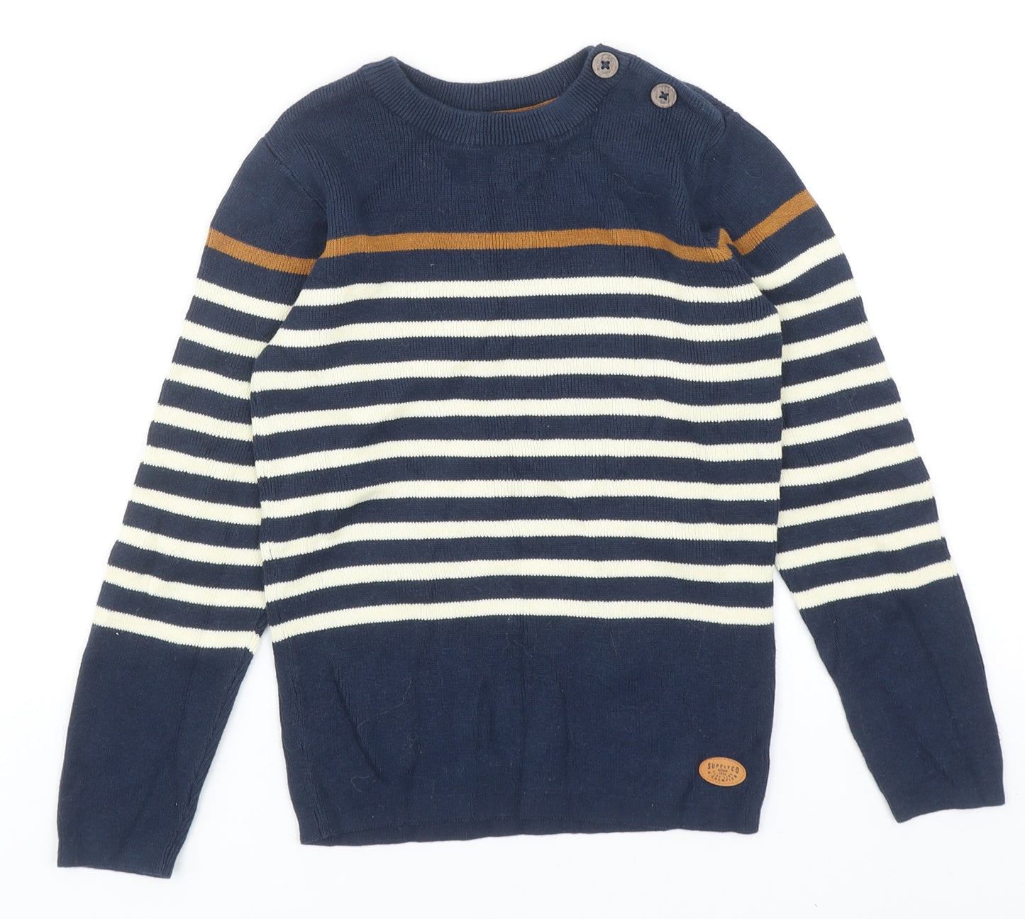 H&M Boys Blue Round Neck Striped Cotton Pullover Jumper Size 7-8 Years Button