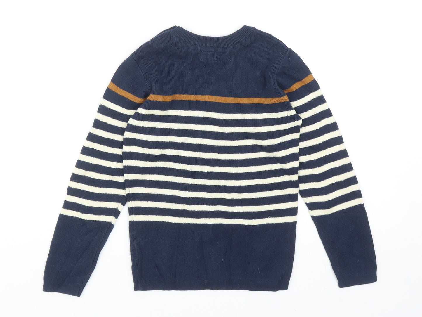 H&M Boys Blue Round Neck Striped Cotton Pullover Jumper Size 7-8 Years Button