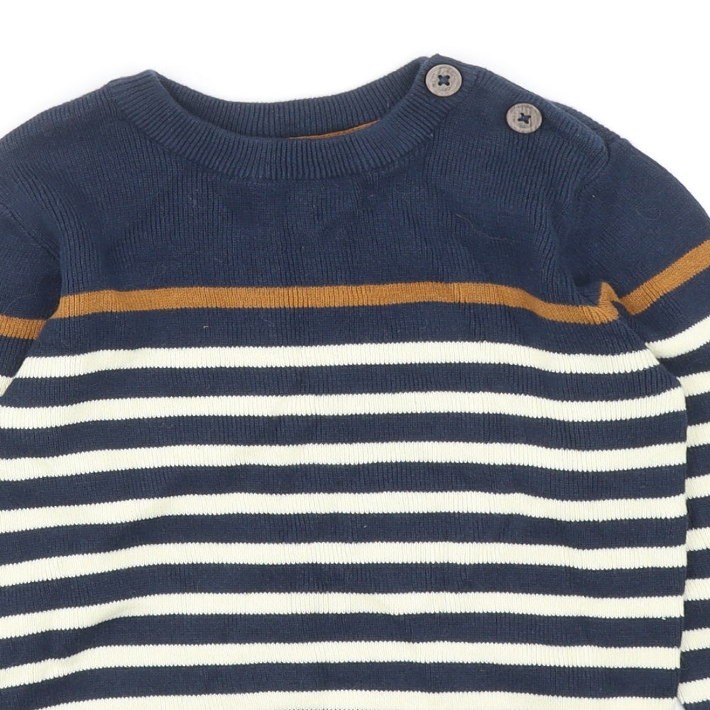 H&M Boys Blue Round Neck Striped Cotton Pullover Jumper Size 7-8 Years Button