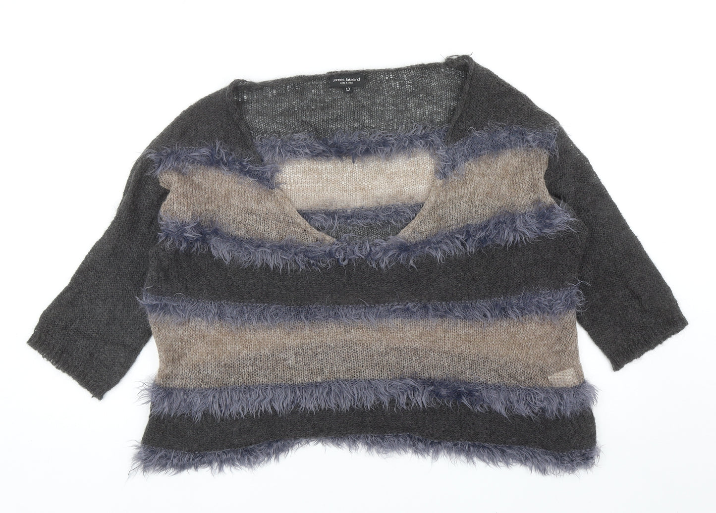 James Lakeland Womens Grey Scoop Neck Striped Mohair Pullover Jumper Size 14