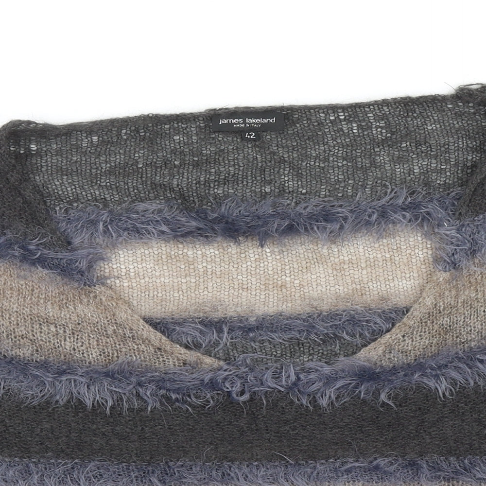 James Lakeland Womens Grey Scoop Neck Striped Mohair Pullover Jumper Size 14