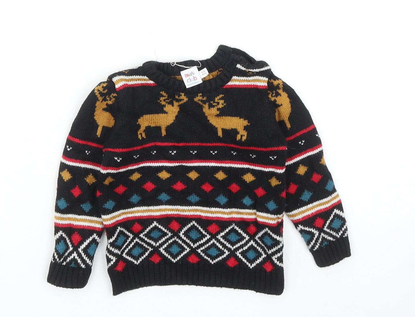 Mini Club Baby Black Fair Isle Cotton Pullover Jumper Size 9-12 Months Button - Christmas