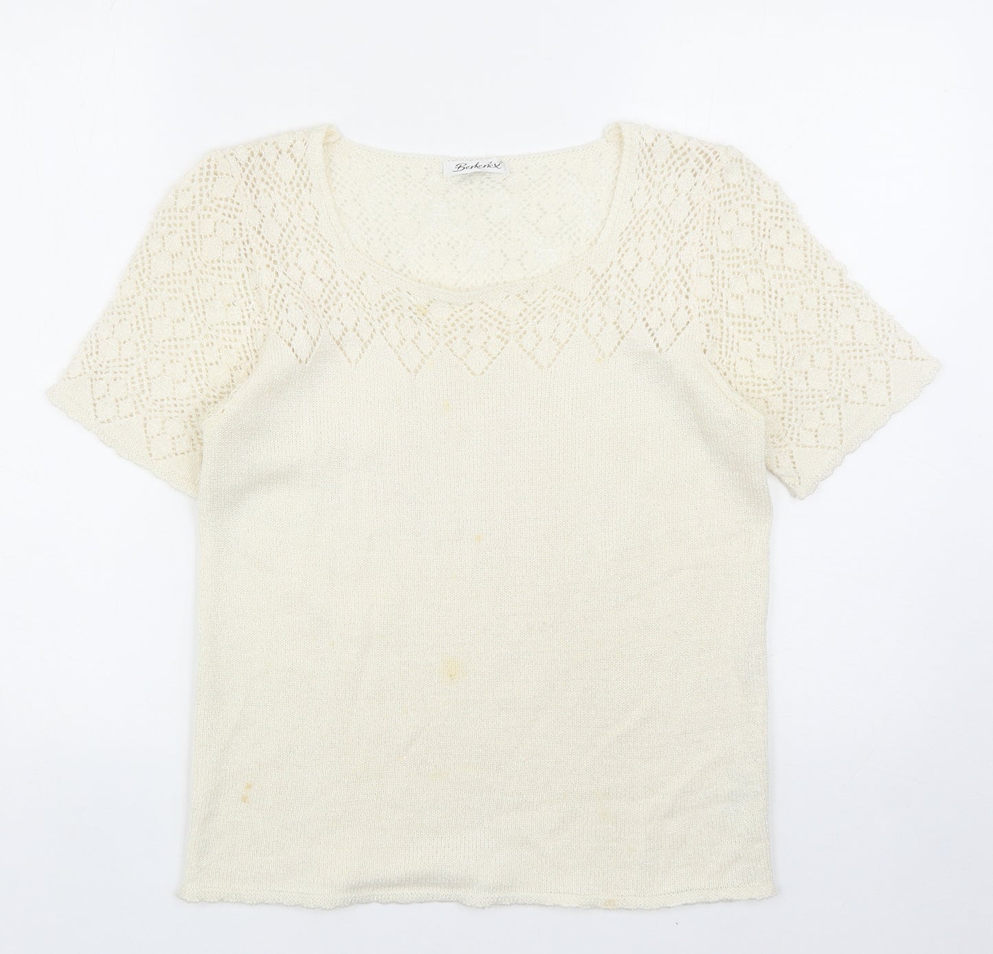 Berkertex Womens Ivory Geometric Acrylic Basic T-Shirt Size 10 Scoop Neck