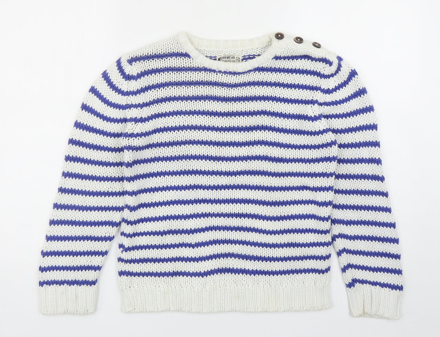 Marks and Spencer Boys Blue Round Neck Striped Cotton Pullover Jumper Size 11-12 Years Button