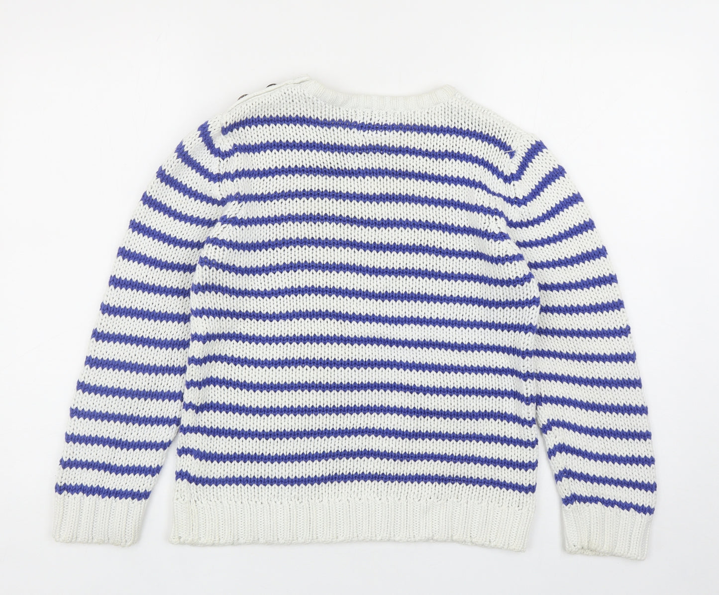 Marks and Spencer Boys Blue Round Neck Striped Cotton Pullover Jumper Size 11-12 Years Button