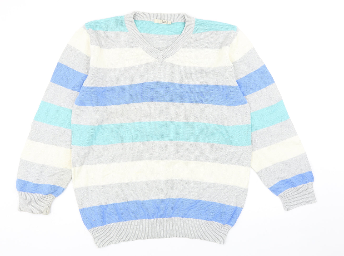 Cotton Traders Mens Multicoloured V-Neck Striped Cotton Pullover Jumper Size L