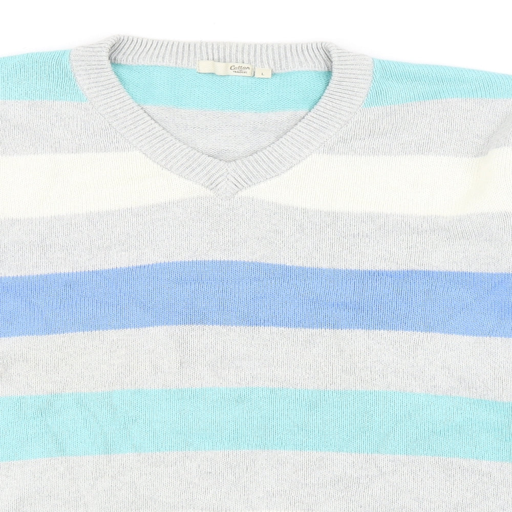Cotton Traders Mens Multicoloured V-Neck Striped Cotton Pullover Jumper Size L
