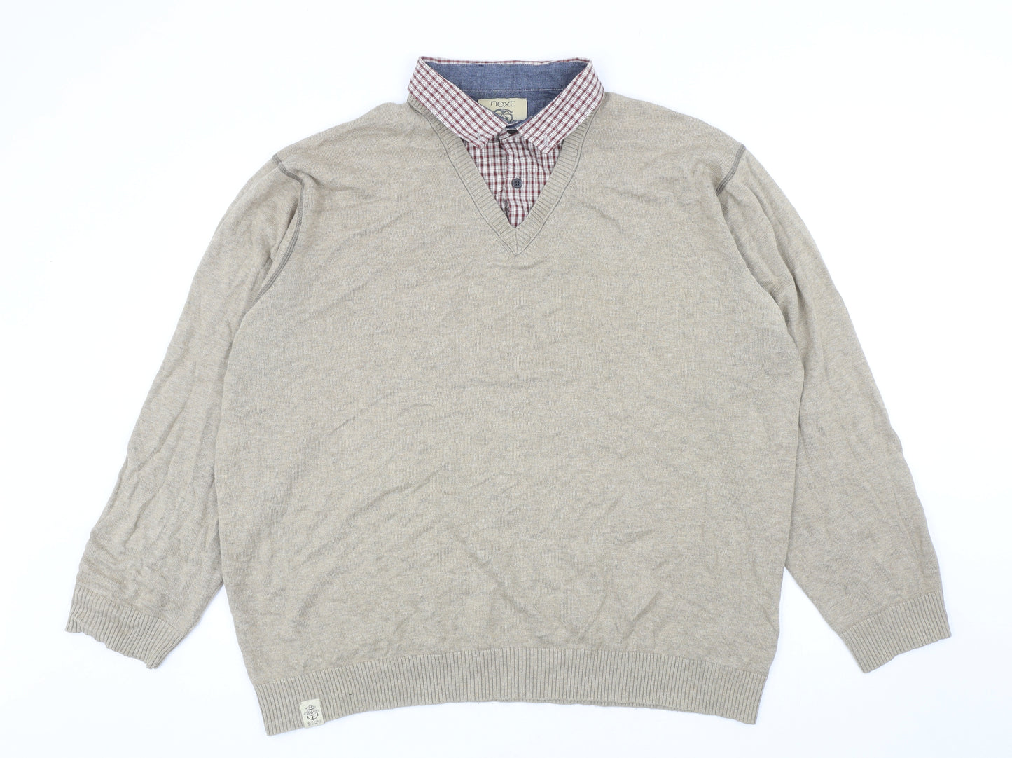 NEXT Mens Beige Collared Plaid Cotton Pullover Jumper Size 2XL