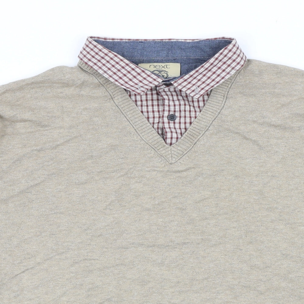 NEXT Mens Beige Collared Plaid Cotton Pullover Jumper Size 2XL