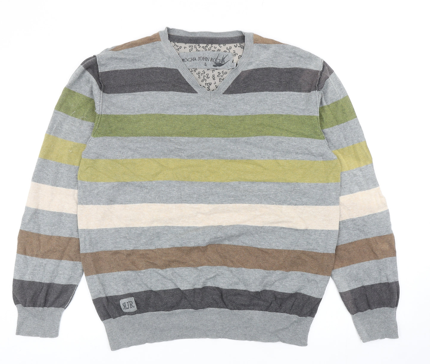 RJR.John Rocha Mens Multicoloured V-Neck Striped Cotton Pullover Jumper Size L