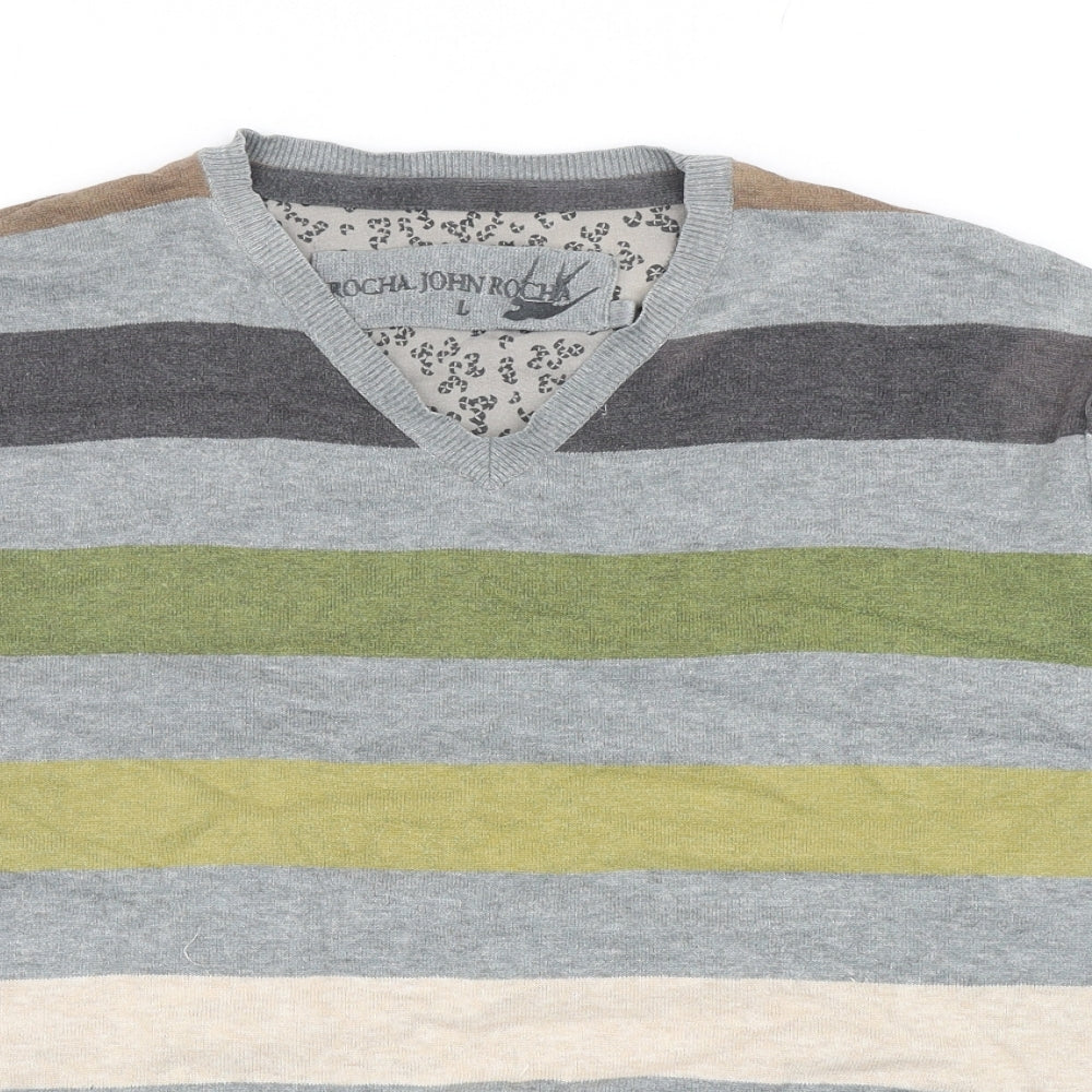 RJR.John Rocha Mens Multicoloured V-Neck Striped Cotton Pullover Jumper Size L