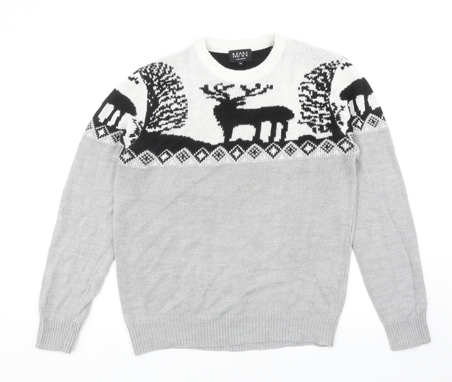 Boohoo Mens Grey Round Neck Geometric Acrylic Pullover Jumper Size M - Reindeer Pattern