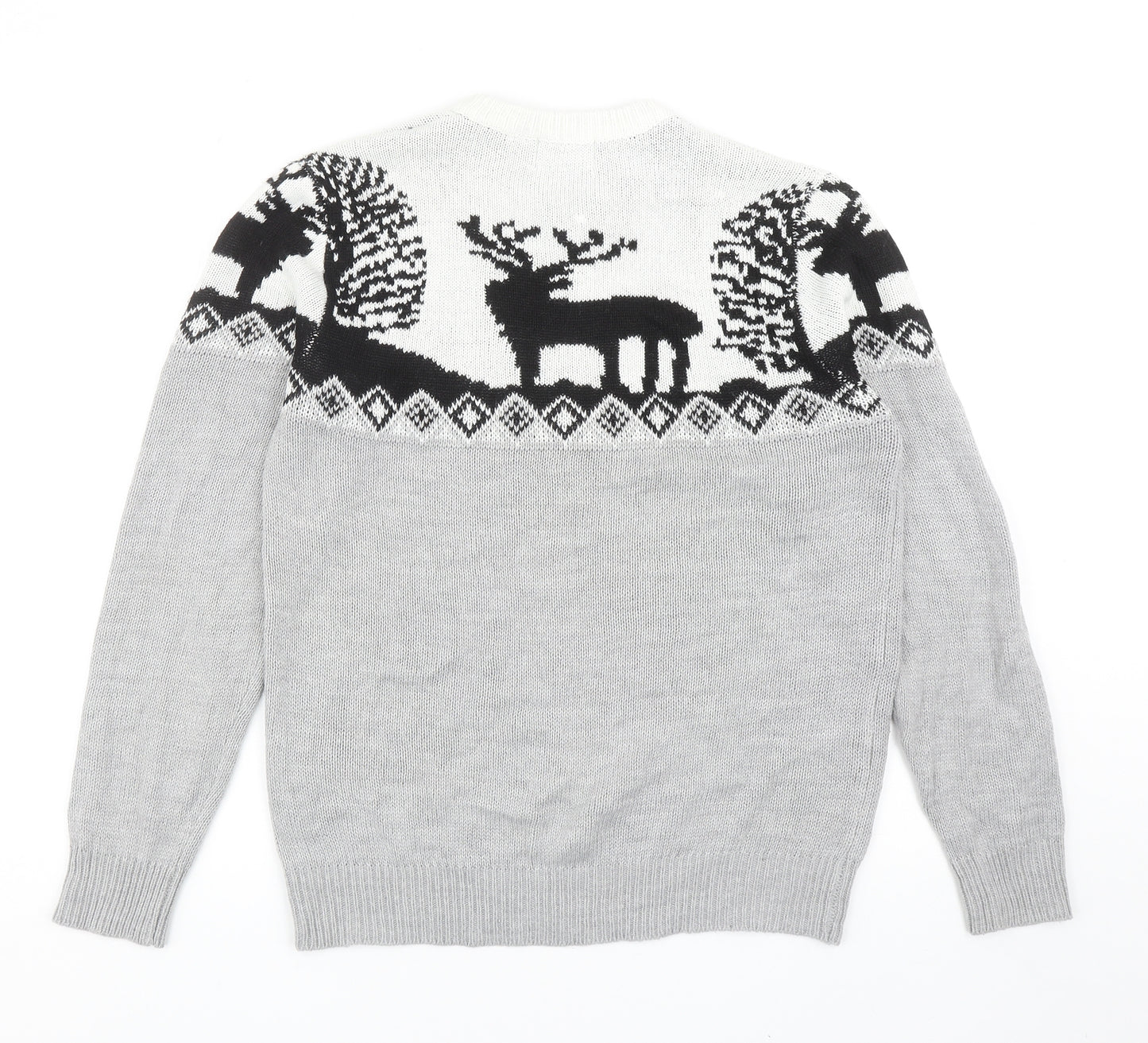 Boohoo Mens Grey Round Neck Geometric Acrylic Pullover Jumper Size M - Reindeer Pattern