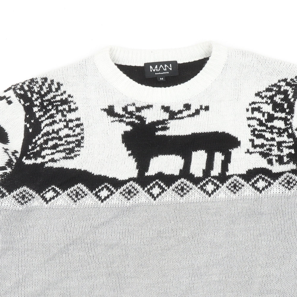Boohoo Mens Grey Round Neck Geometric Acrylic Pullover Jumper Size M - Reindeer Pattern
