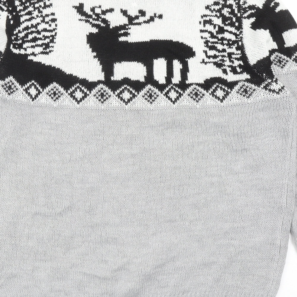 Boohoo Mens Grey Round Neck Geometric Acrylic Pullover Jumper Size M - Reindeer Pattern