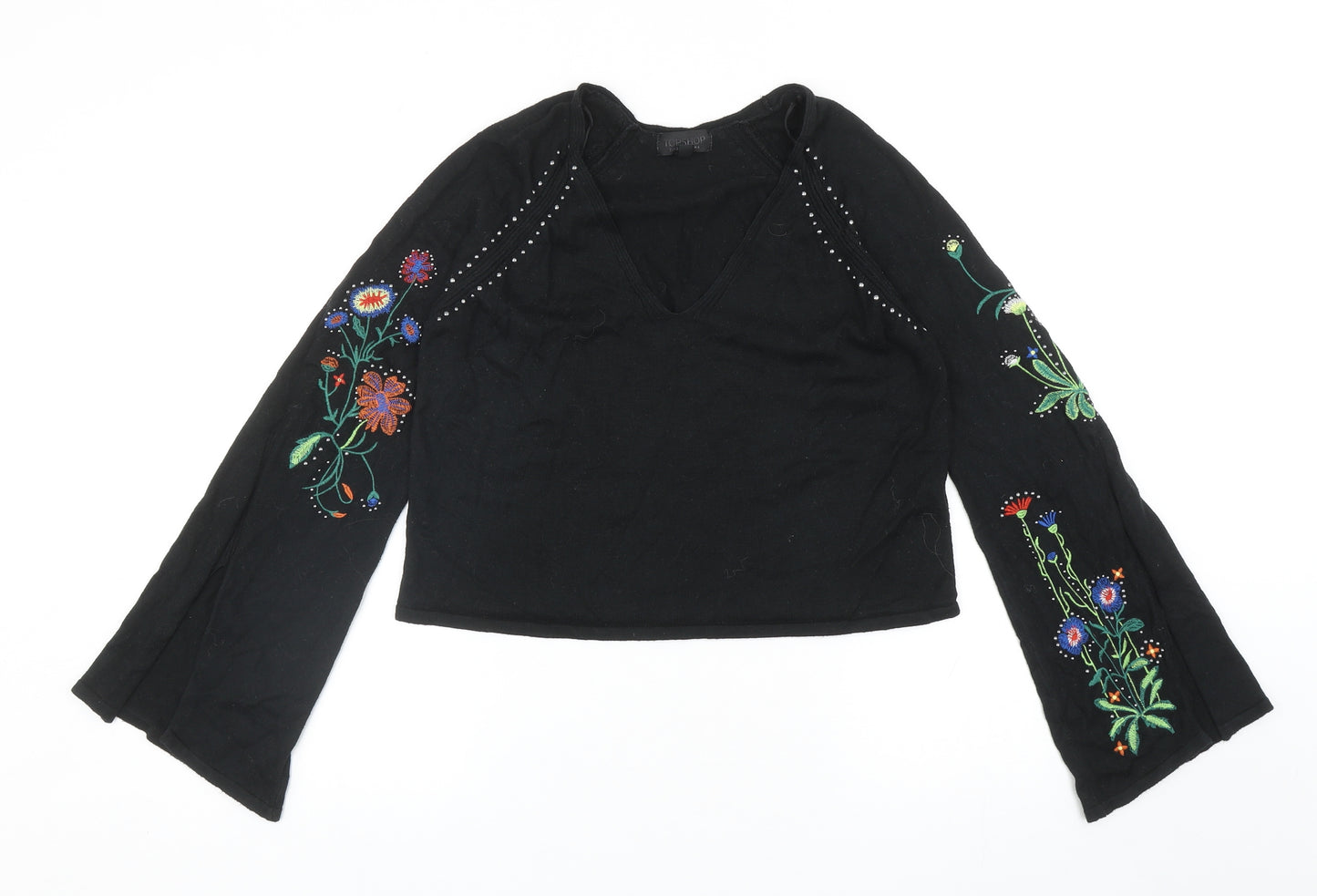 Topshop Womens Black V-Neck Floral Acrylic Pullover Jumper Size 6 - Flute Sleeve