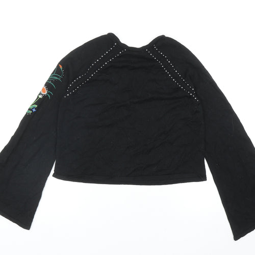 Topshop Womens Black V-Neck Floral Acrylic Pullover Jumper Size 6 - Flute Sleeve
