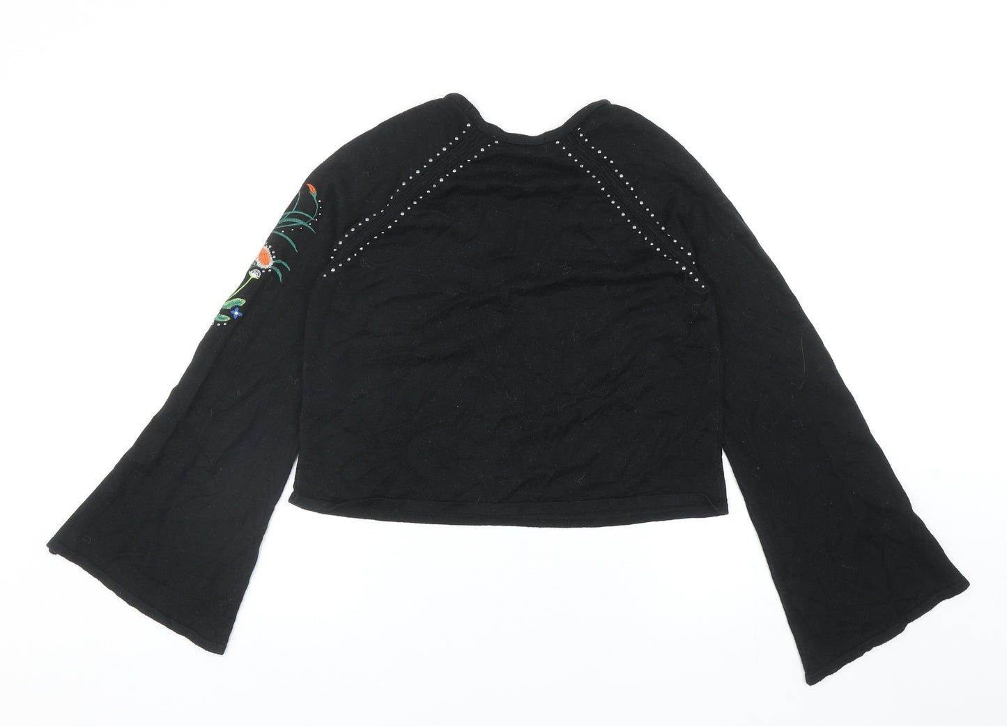 Topshop Womens Black V-Neck Floral Acrylic Pullover Jumper Size 6 - Flute Sleeve