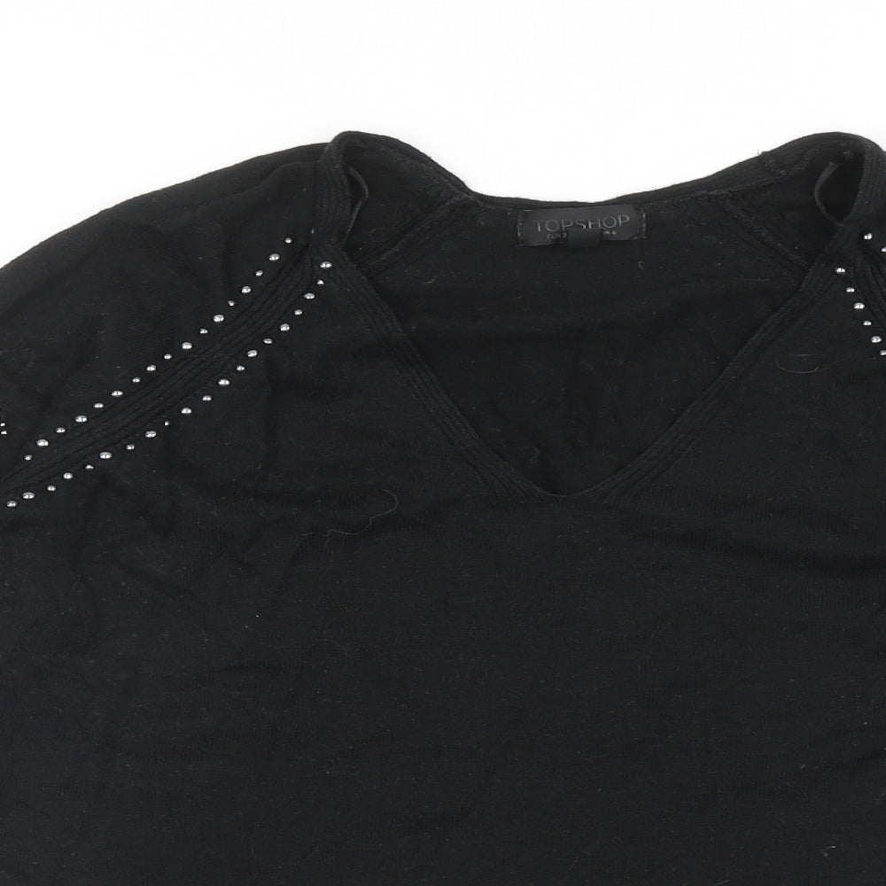 Topshop Womens Black V-Neck Floral Acrylic Pullover Jumper Size 6 - Flute Sleeve