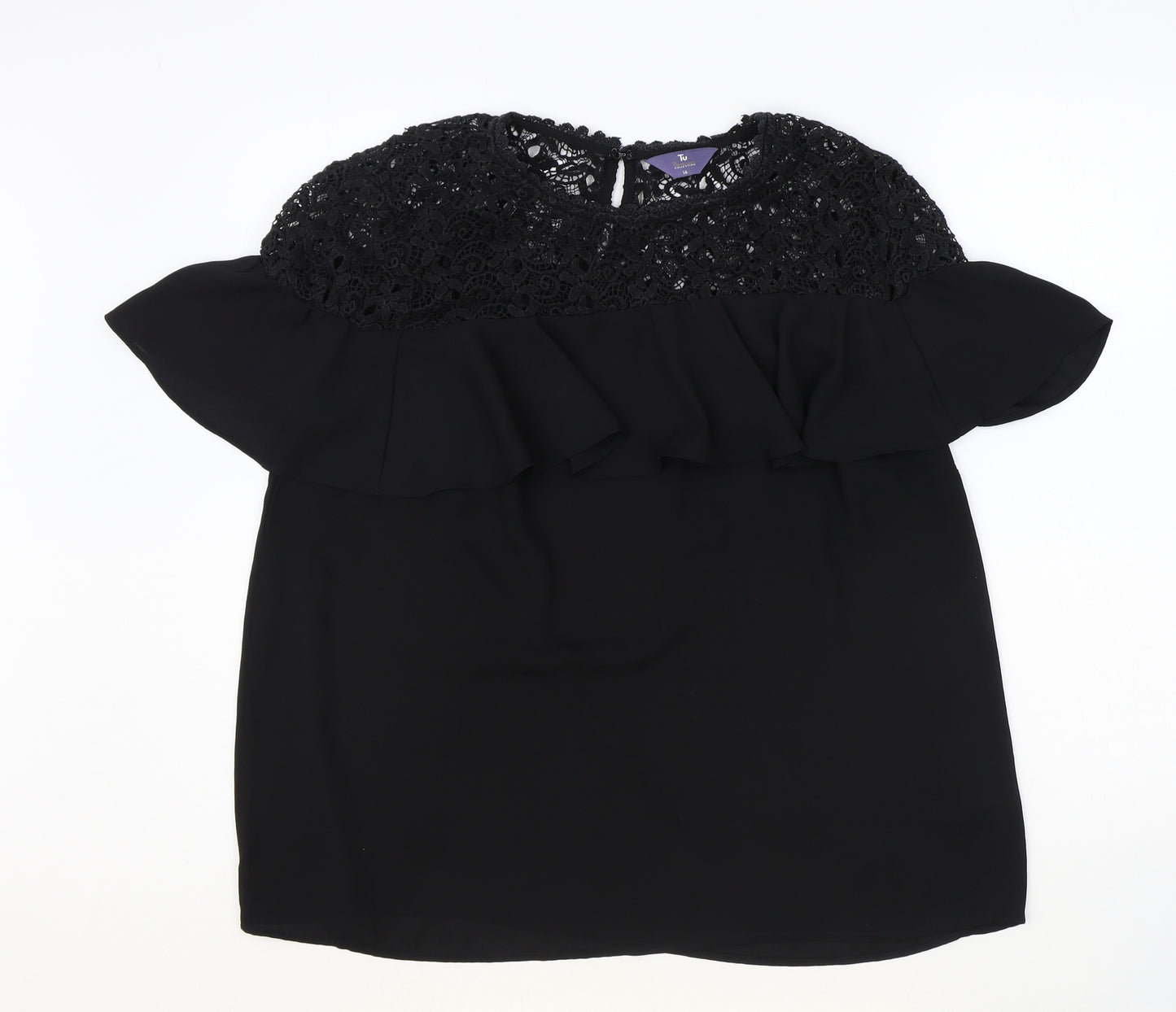 TU Womens Black Polyester Basic Blouse Size 16 Round Neck - Lace Detail