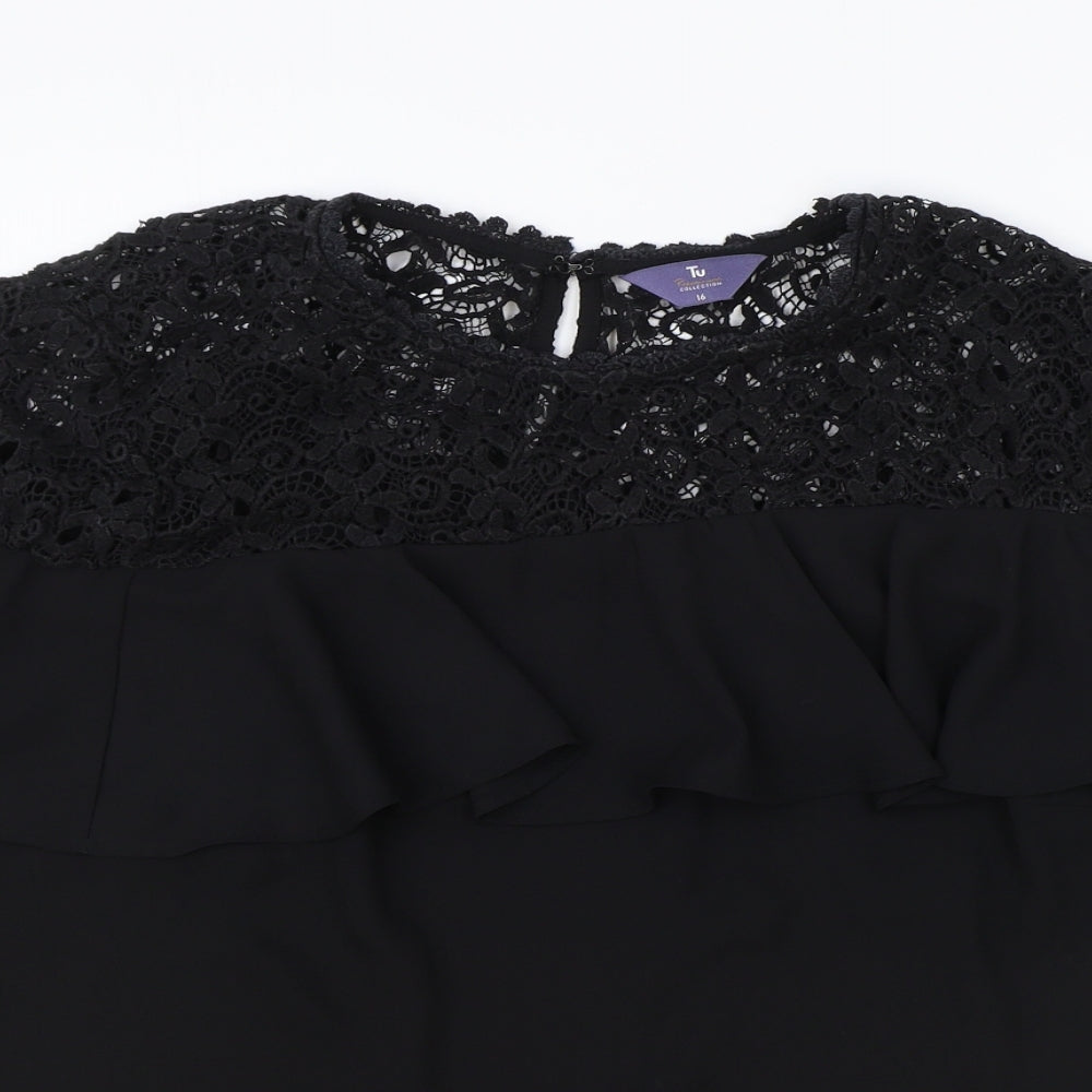 TU Womens Black Polyester Basic Blouse Size 16 Round Neck - Lace Detail