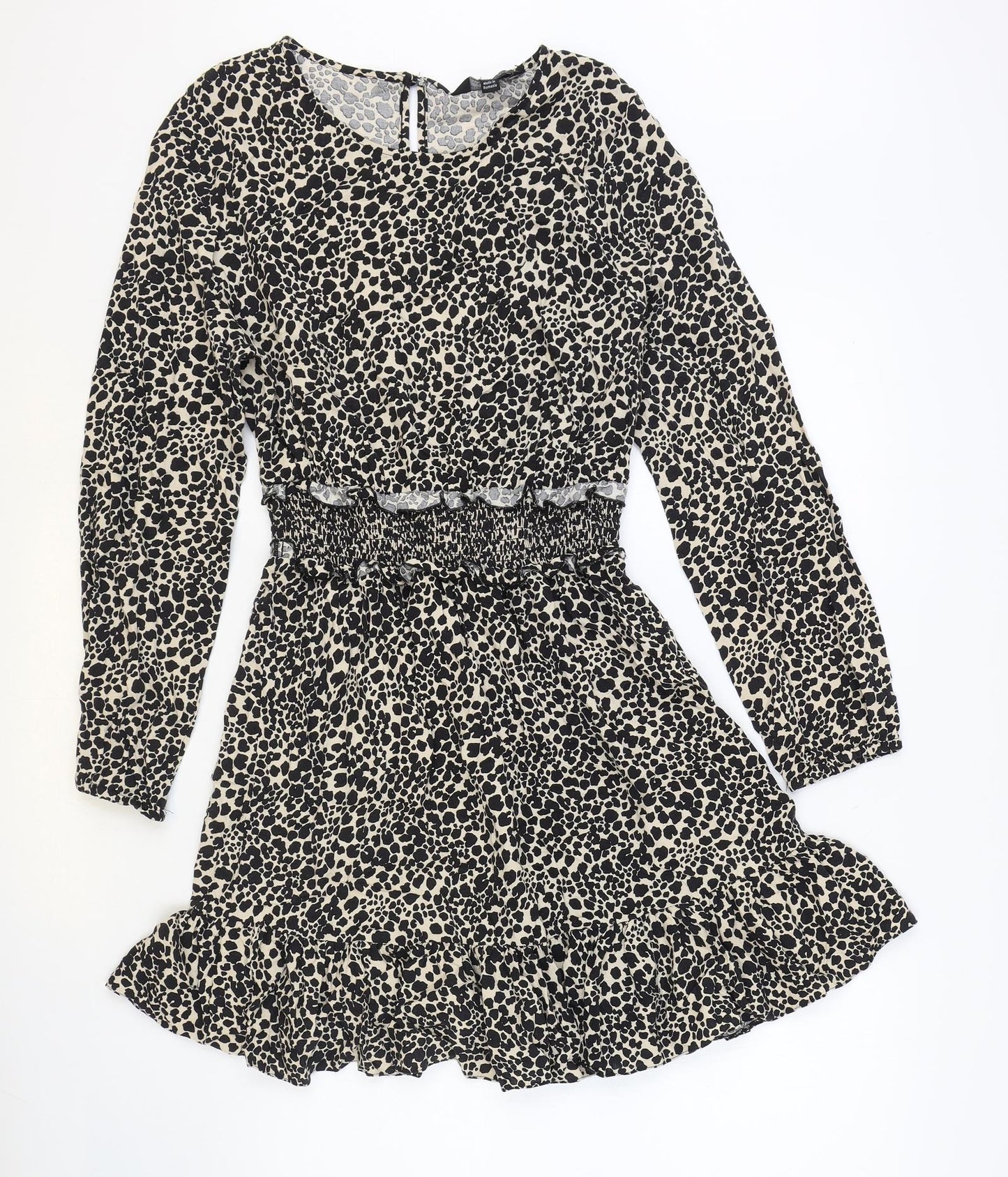 Dorothy Perkins Womens Black Animal Print Viscose Skater Dress Size 14 Round Neck Button - Leopard Print
