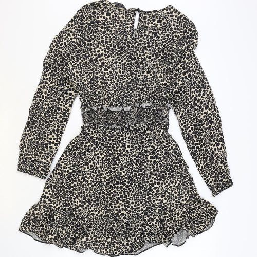 Dorothy Perkins Womens Black Animal Print Viscose Skater Dress Size 14 Round Neck Button - Leopard Print