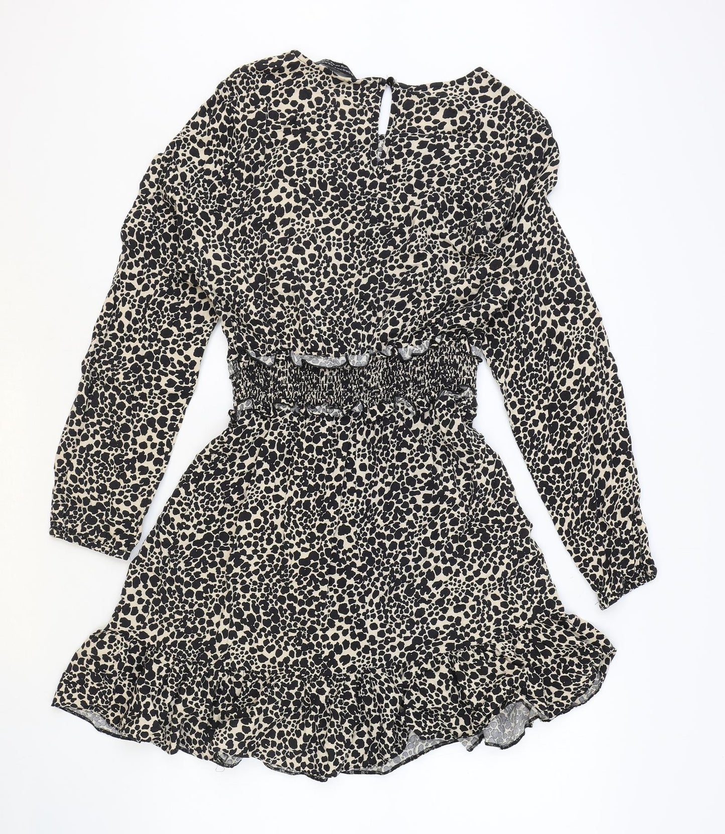 Dorothy Perkins Womens Black Animal Print Viscose Skater Dress Size 14 Round Neck Button - Leopard Print