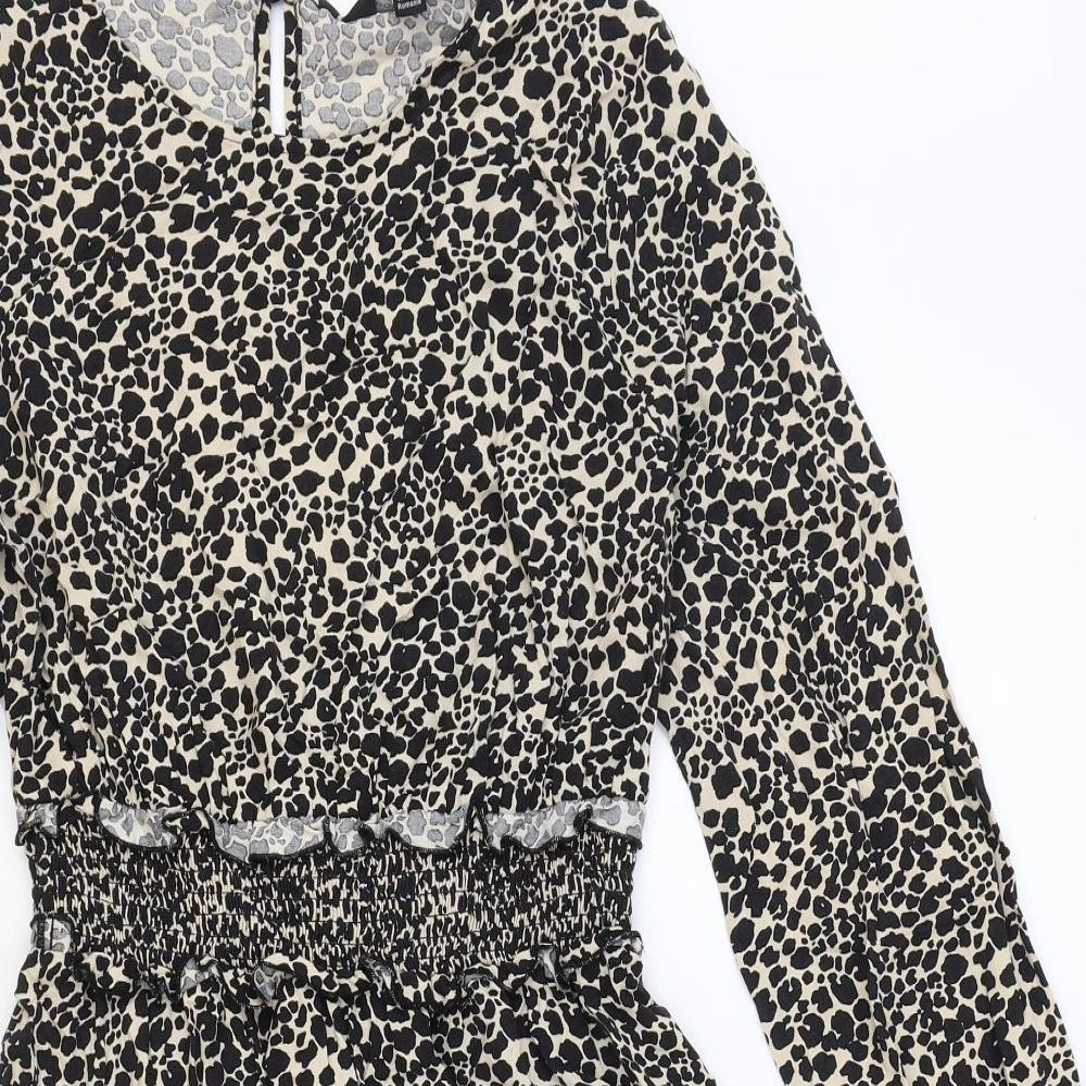 Dorothy Perkins Womens Black Animal Print Viscose Skater Dress Size 14 Round Neck Button - Leopard Print