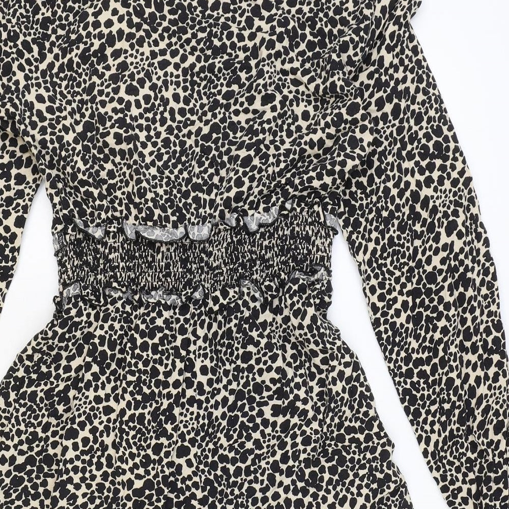 Dorothy Perkins Womens Black Animal Print Viscose Skater Dress Size 14 Round Neck Button - Leopard Print