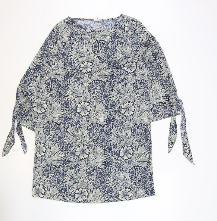 H&M Womens Blue Floral Polyester Shift Size 8 Boat Neck Pullover - Wide Sleeves Tie Detail