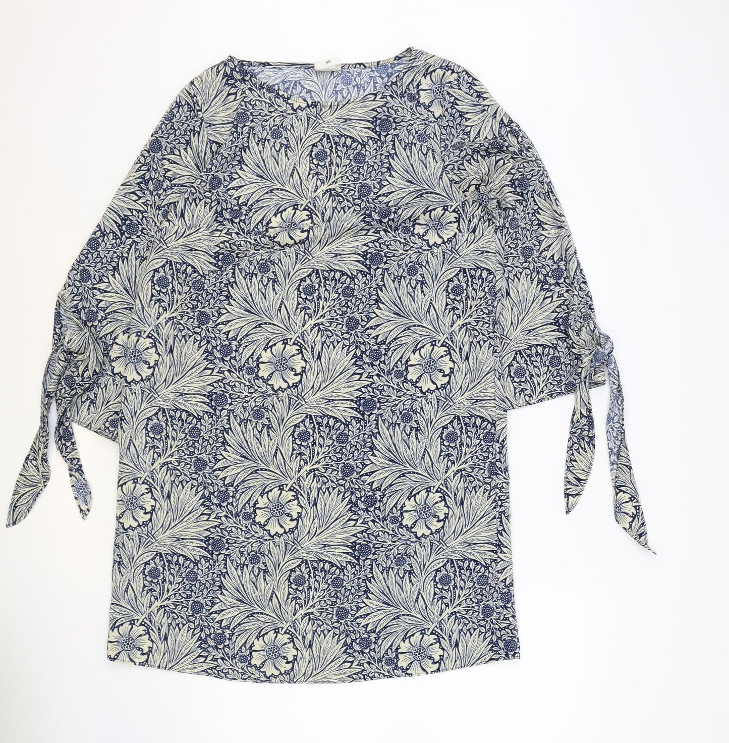 H&M Womens Blue Floral Polyester Shift Size 8 Boat Neck Pullover - Wide Sleeves Tie Detail