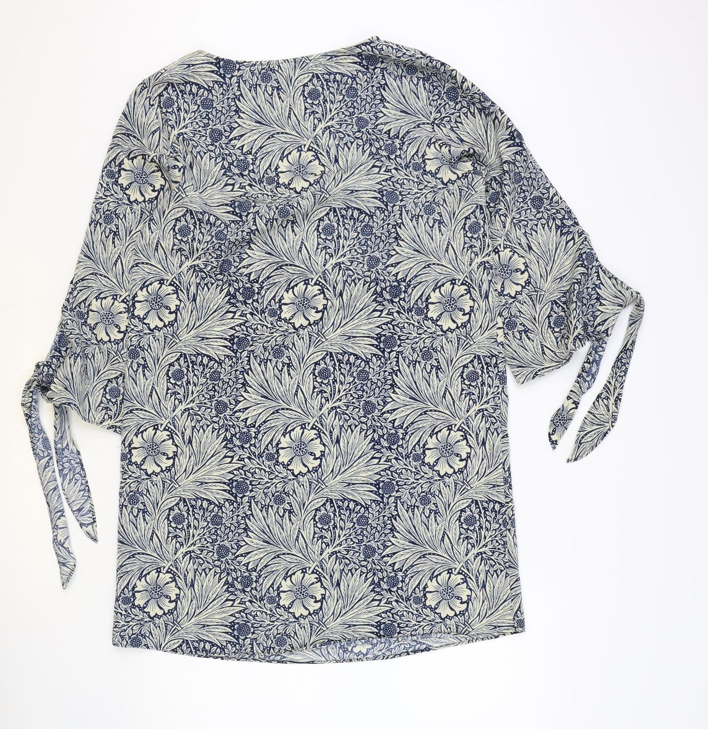 H&M Womens Blue Floral Polyester Shift Size 8 Boat Neck Pullover - Wide Sleeves Tie Detail