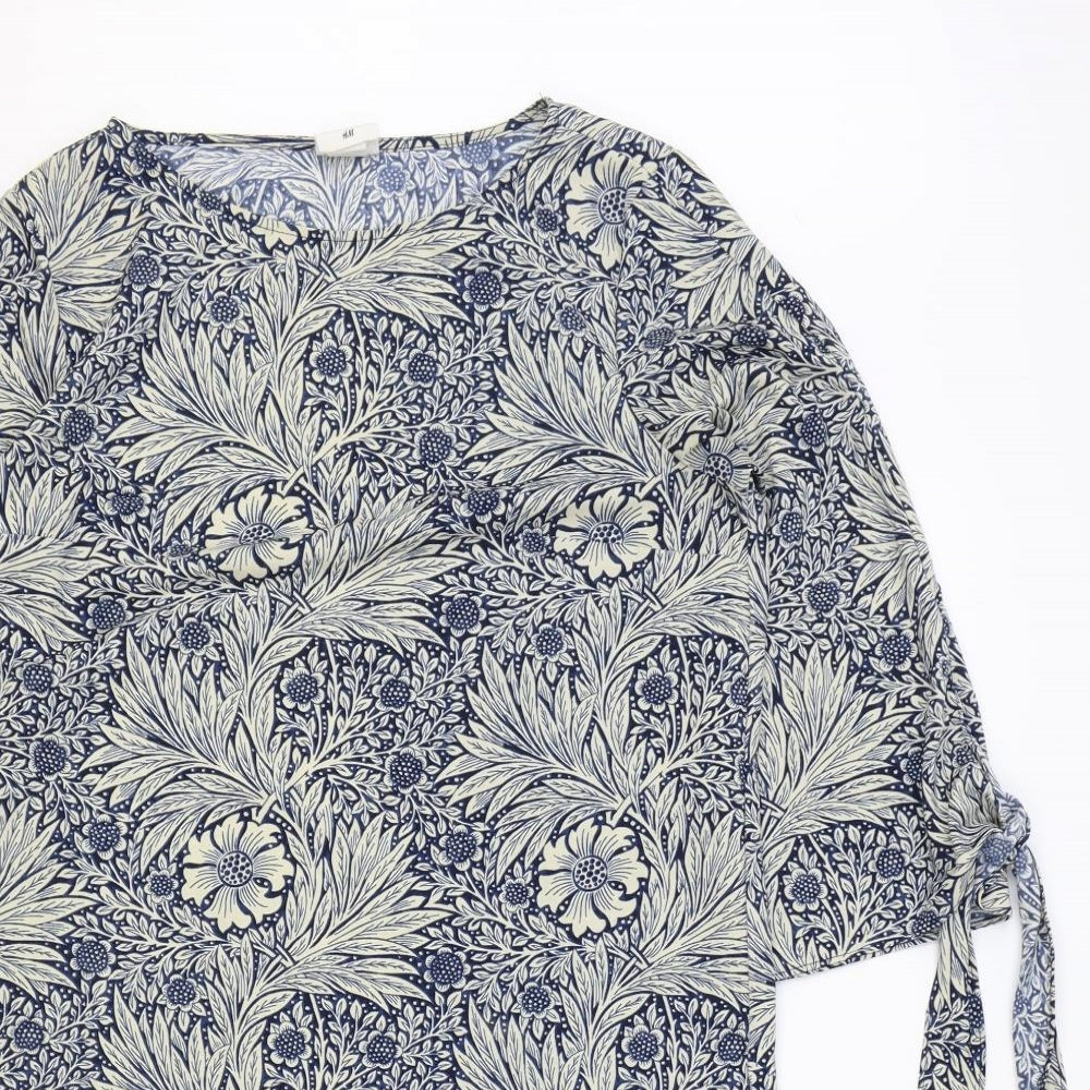 H&M Womens Blue Floral Polyester Shift Size 8 Boat Neck Pullover - Wide Sleeves Tie Detail