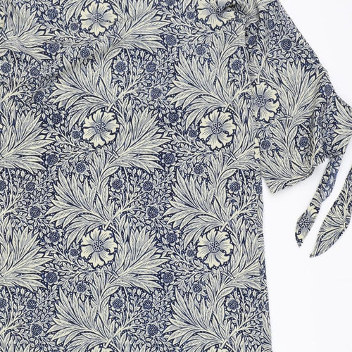 H&M Womens Blue Floral Polyester Shift Size 8 Boat Neck Pullover - Wide Sleeves Tie Detail