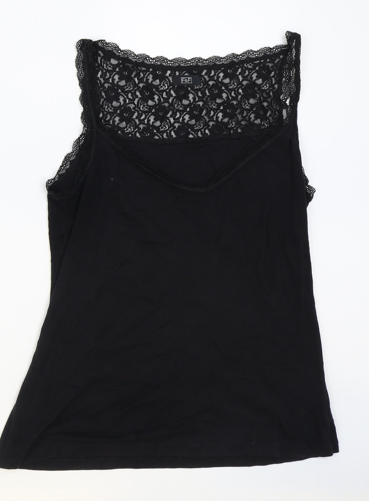 F&F Womens Black 100% Cotton Camisole Tank Size 14 V-Neck - Lace Detail