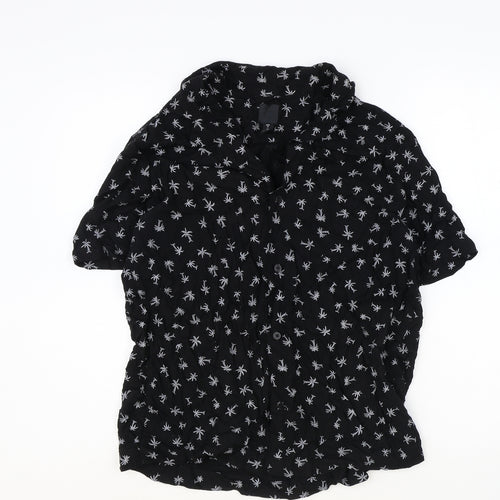 H&M Womens Black Geometric Viscose Basic Button-Up Size M Collared - Palm Tree Pattern