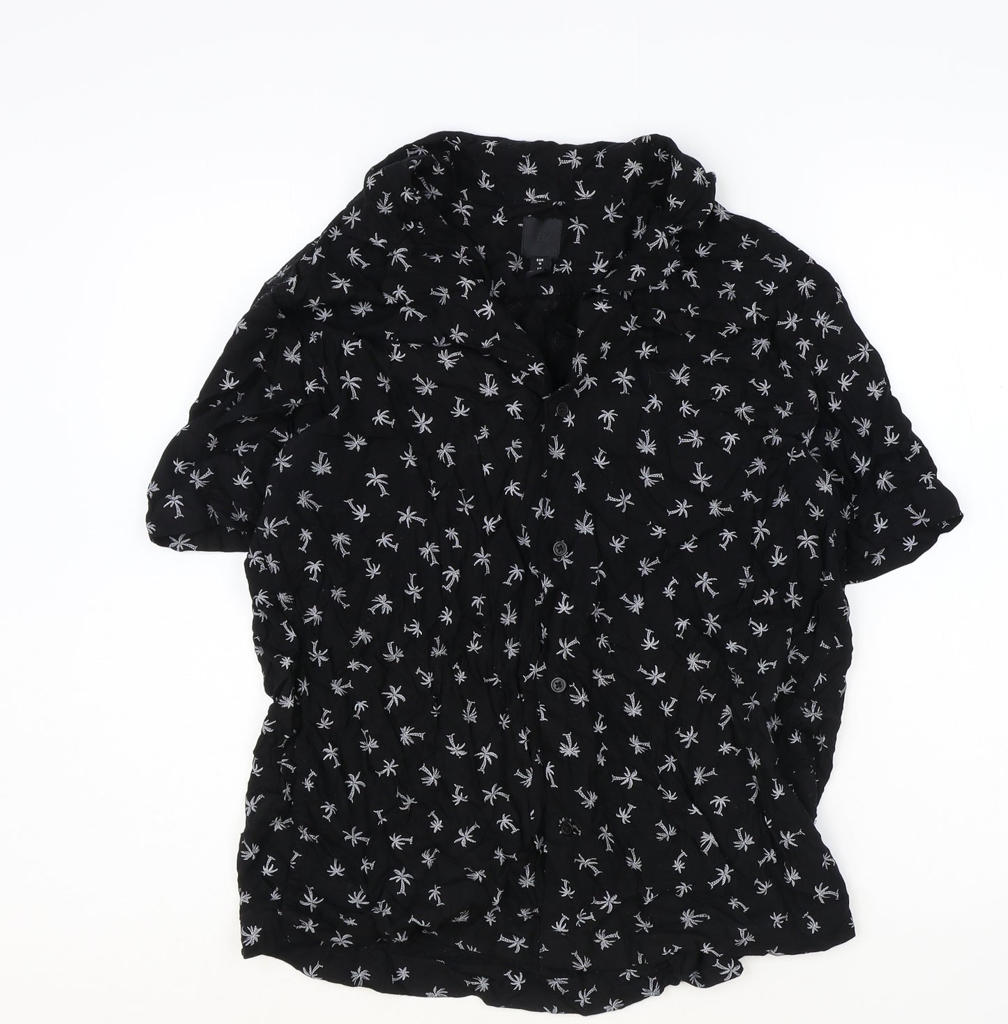 H&M Womens Black Geometric Viscose Basic Button-Up Size M Collared - Palm Tree Pattern