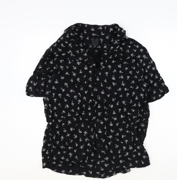 H&M Womens Black Geometric Viscose Basic Button-Up Size M Collared - Palm Tree Pattern