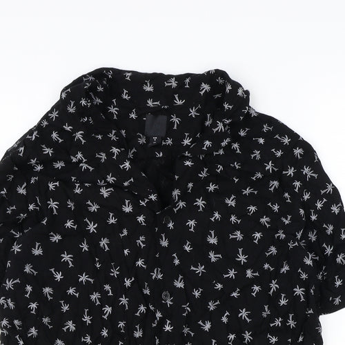 H&M Womens Black Geometric Viscose Basic Button-Up Size M Collared - Palm Tree Pattern