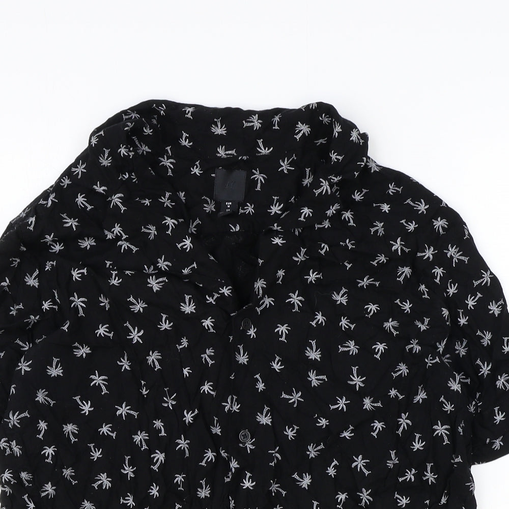 H&M Womens Black Geometric Viscose Basic Button-Up Size M Collared - Palm Tree Pattern